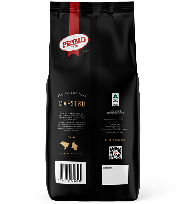 Image of Maestro Beans - back of bag | Primo Caffe
