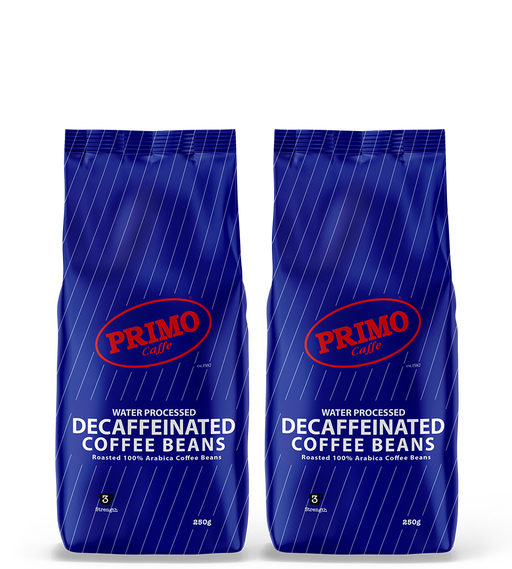 Image of two bags of WATER PROCESS DESCAF 2 x 250g decaf coffee beans| Primo Caffe
