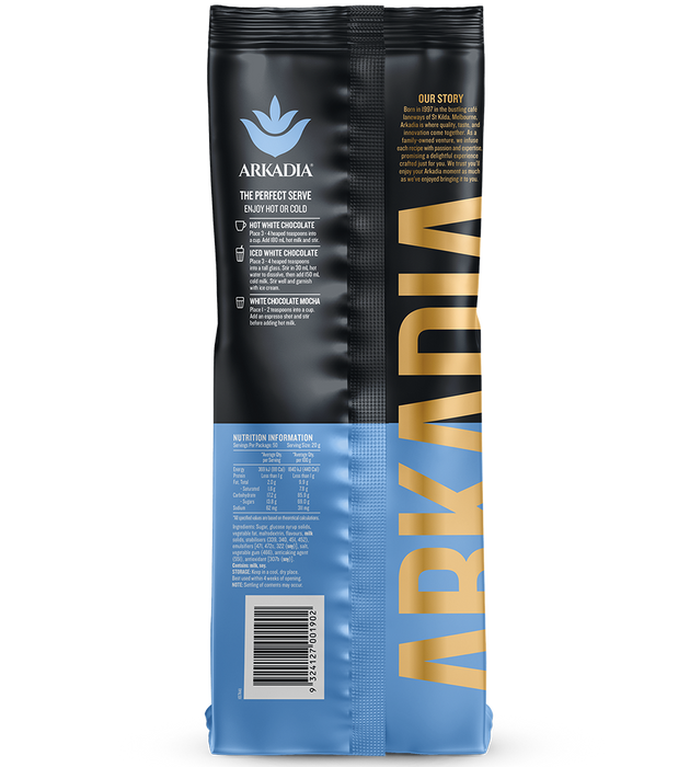Arkadia White Hot Chocolate Back of Pack  - Primo Caffe 