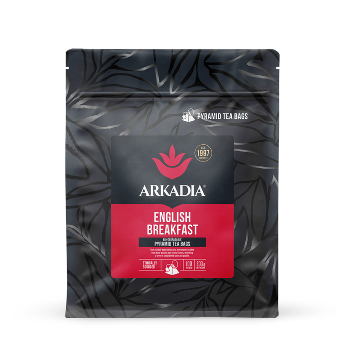 Arkadia English Breakfast pyramid tea bags packaging