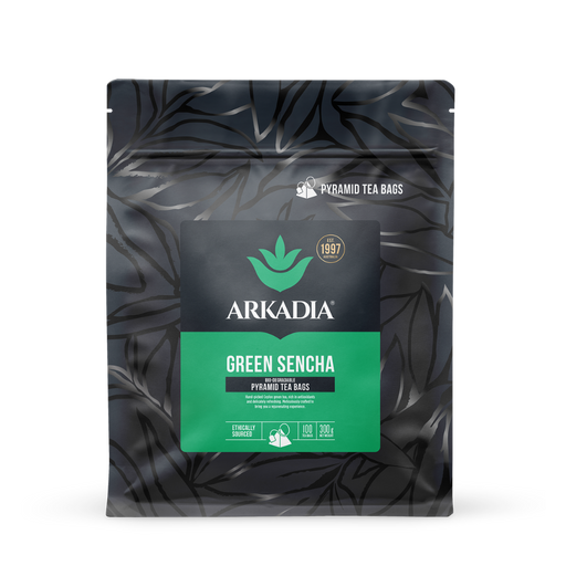 Arkadia Green Sencha tea package with leaf design 