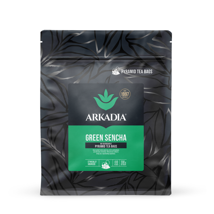 Arkadia Green Sencha tea package with leaf design 