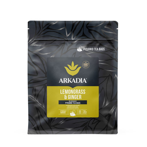 Arkadia Lemongrass & Ginger pyramid tea bags packaging