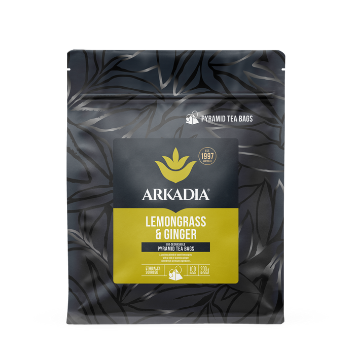 Arkadia Lemongrass & Ginger pyramid tea bags packaging