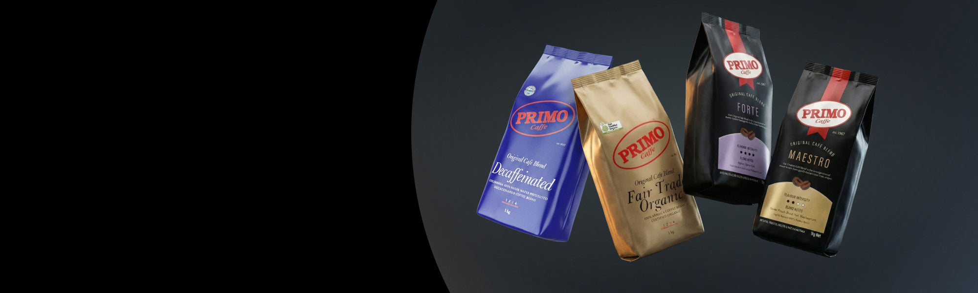 Four coffee bags from different brands on a gradient background