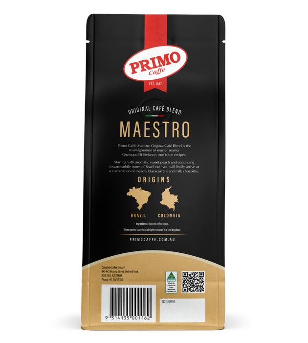 Image of Maestro Beans back of bag - OCB bag | Primo Caffe