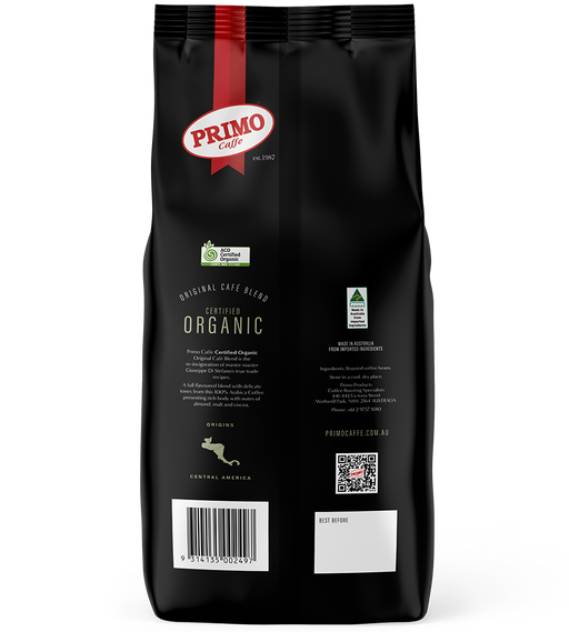 Black coffee bag with Primo Coffee branding on a white background