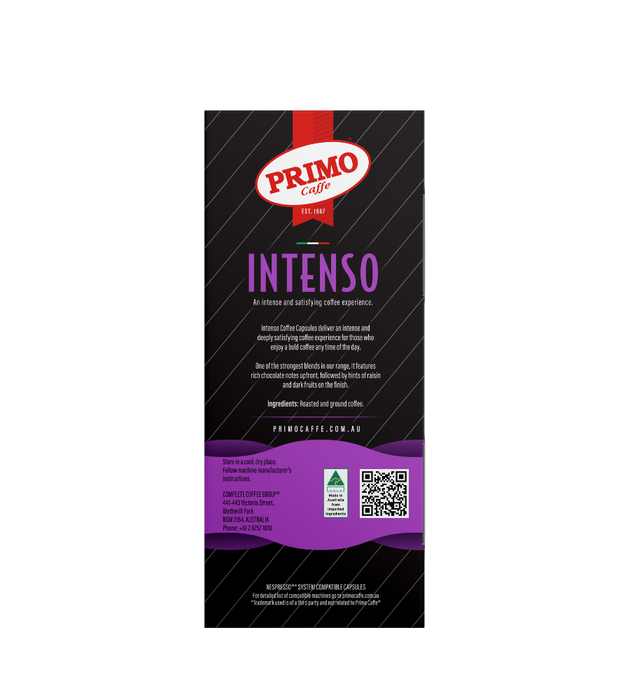 Primo Intenso Nespresso compatible coffee pods, 10 pack – bold Italian blend back of pack