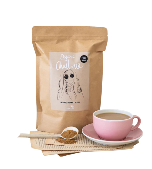 Brown coffee packaging with a cup of coffee and spoon on a white background