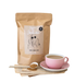 Brown coffee packaging with a cup of coffee and spoon on a white background