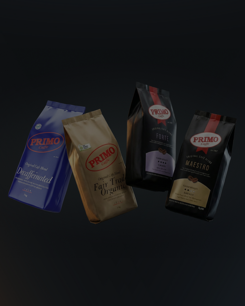 Four Primo coffee bags on a dark background